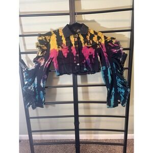 Tie Dye Denim Jacket Ruffle Sleeves Cropped Purple Candy Festival Boho Juniors M